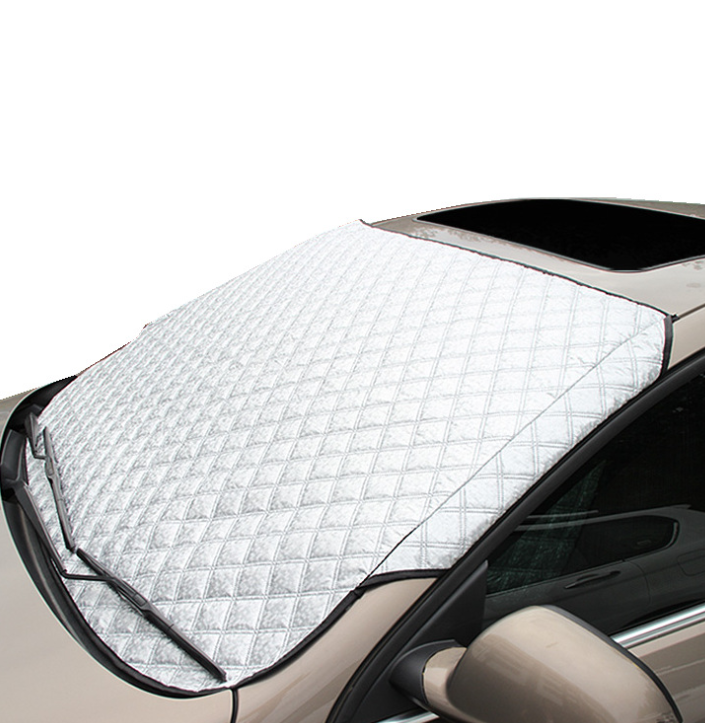 Windscreen frost cover fitted to a car windscreen in winter