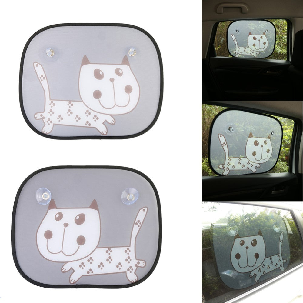 Cat design car window sun shades with suction-cup fitting — product and fitted views