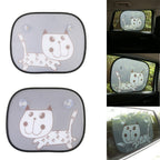 Cat design car window sun shades with suction-cup fitting — product and fitted views