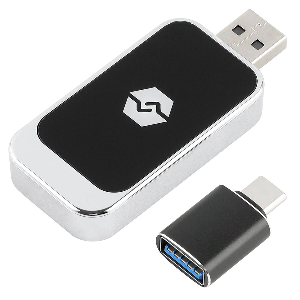 Wireless CarPlay adaptor – angled view with USB-C adapter