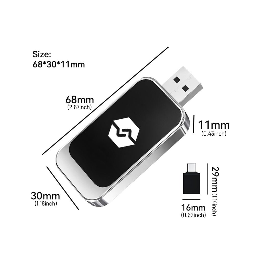 Wireless CarPlay adaptor dimensions – 68 × 30 × 11 mm