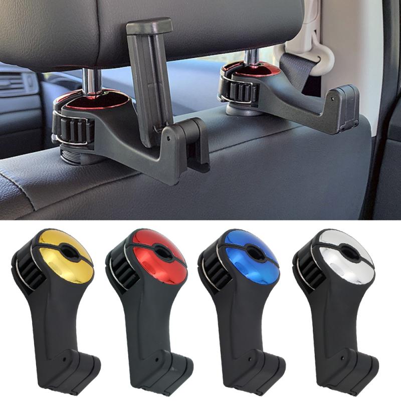 Car headrest hooks set of 4, installed in a car holding a phone and bottle